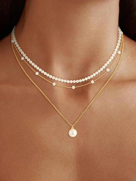 Pearl Necklaces for Women Girls, 18K Gold/Silver Plated Layered Pearl Necklaces - Picture 2 of 7